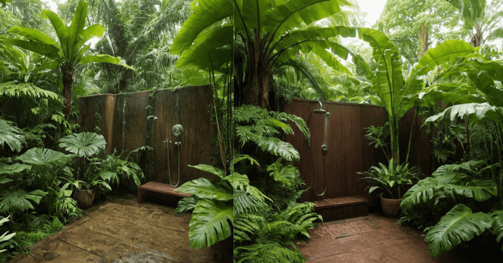 10. Tree Ferns and Broad-Leaf Tropicals as an Outdoor Shower Privacy Ideas Using Natural Green Screens
