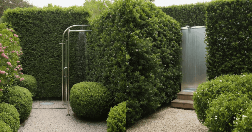 3. Native Shrubs as a Low-Maintenance Hedge as an Outdoor Shower Privacy Ideas Using Natural Green Screens