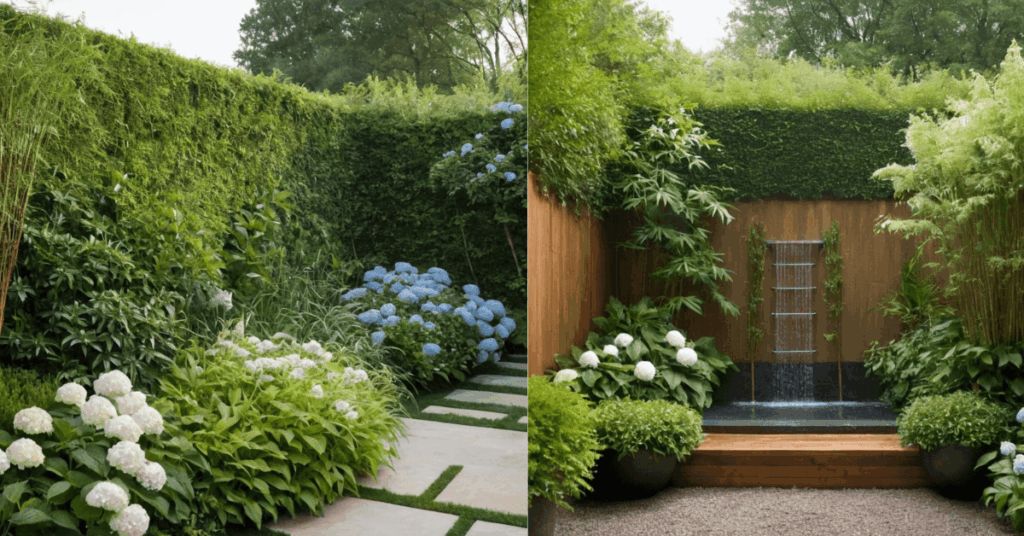 9. Layered Mixed Plantings for Full Coverage as an Outdoor Shower Privacy Ideas Using Natural Green Screens
