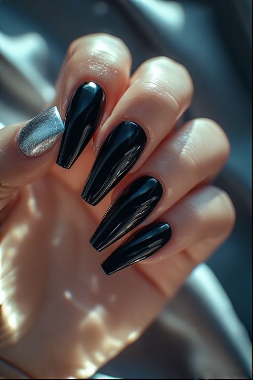 2. Glossy Black Coffin Nails