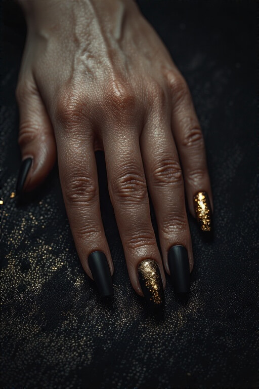 9. Matte Black & Gold Coffin Nails