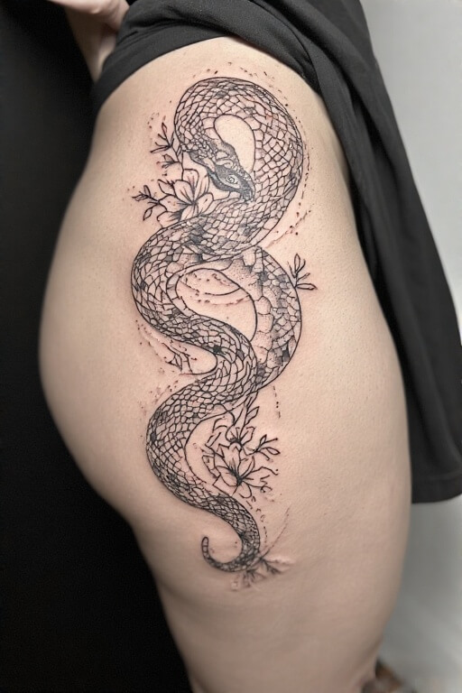 A sensual snake hip tattoo slithering from the front hip bone down toward the upper thigh