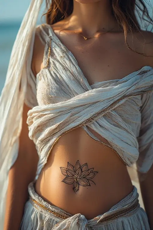 13. Belly Ring + Lotus tattoo