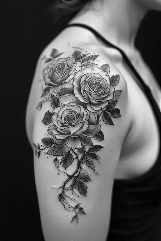 2. Shoulder-Wrapping Vine Of Roses as a Unique Floral Shoulder Cap Tattoo Ideas for Women
