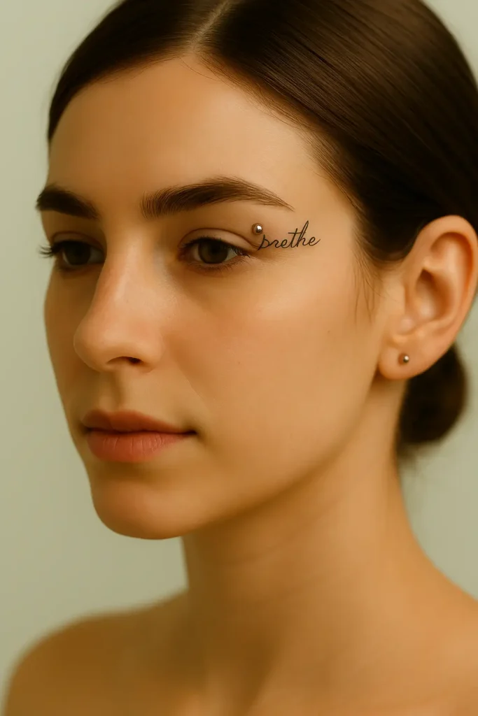 7. Brow Piercing + Minimal Word tattoo