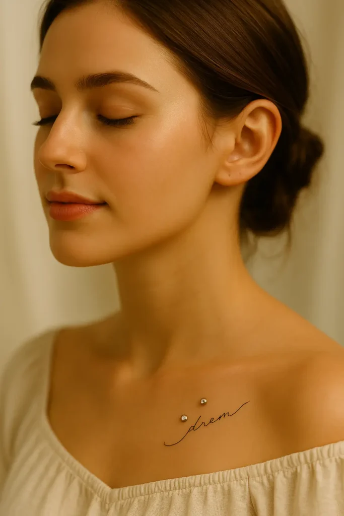 9. Collarbone Dermals + Script tattoo