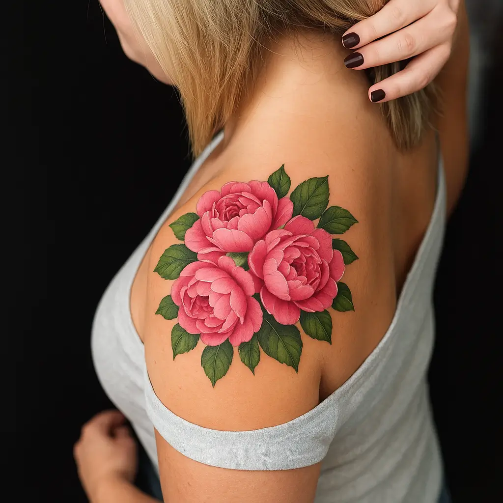 1. Peony Cluster Cap as one the Floral Shoulder Cap Tattoo Ideas for Women