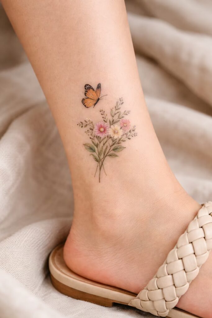Butterfly & Botanical Ankle Tattoo