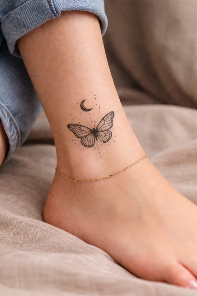 Butterfly & Moon Fine-Line Tattoo