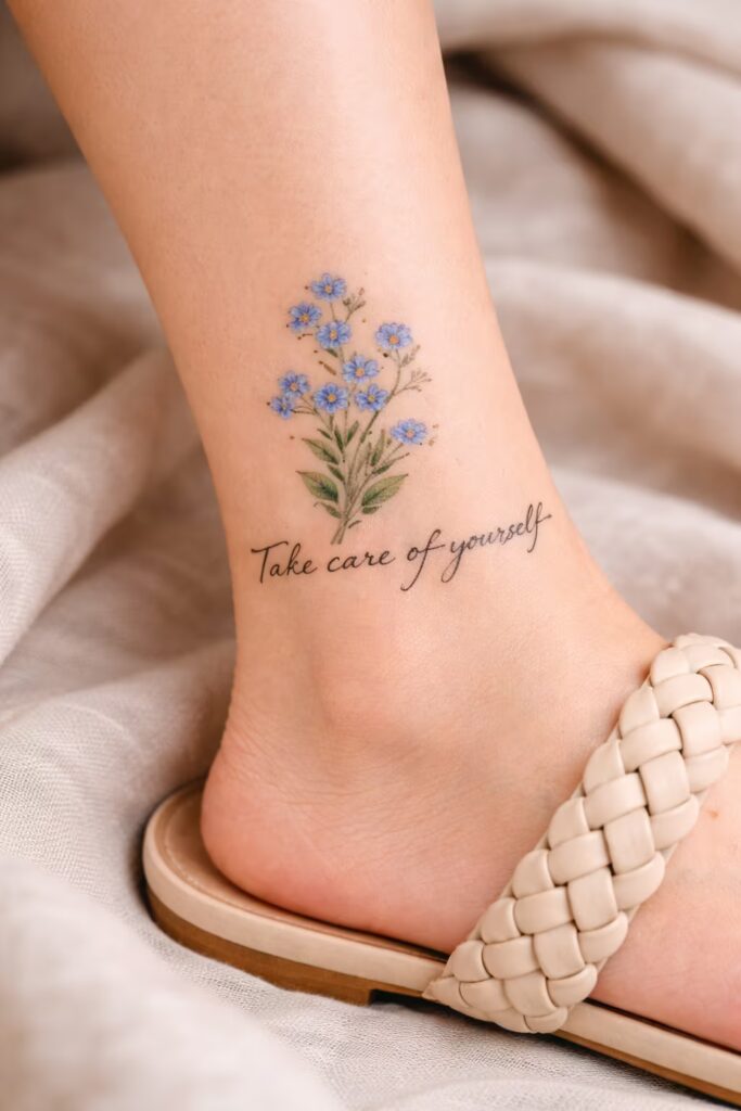 Forget-Me-Not Ankle Tattoo with Meaningful Script