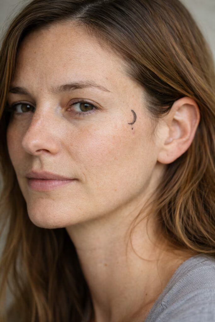 Minimal Crescent Moon Dotwork Small face tattoo