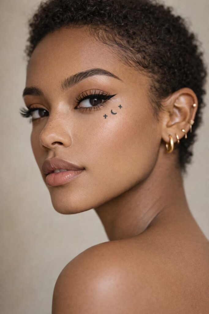 Minimal Symbol Trio Under Eye Small face tattoo