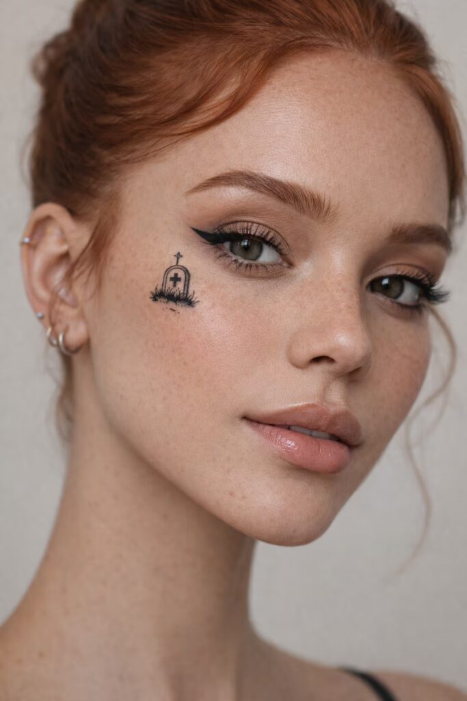 Minimal Tombstone Mark Small face tattoo