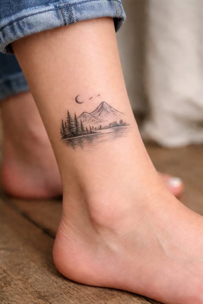 Minimalist Mountain Landscape Ankle Tattoo