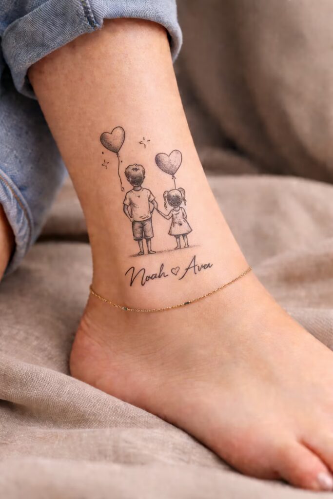 Mother & Two Children Ankle Tattoo