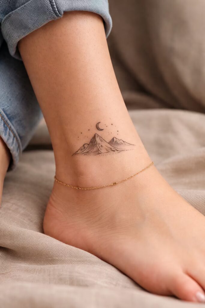 Mountain & Moon Ankle Tattoo
