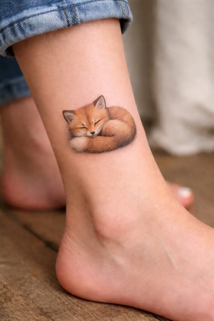 Sleeping Fox Realism Ankle Tattoo