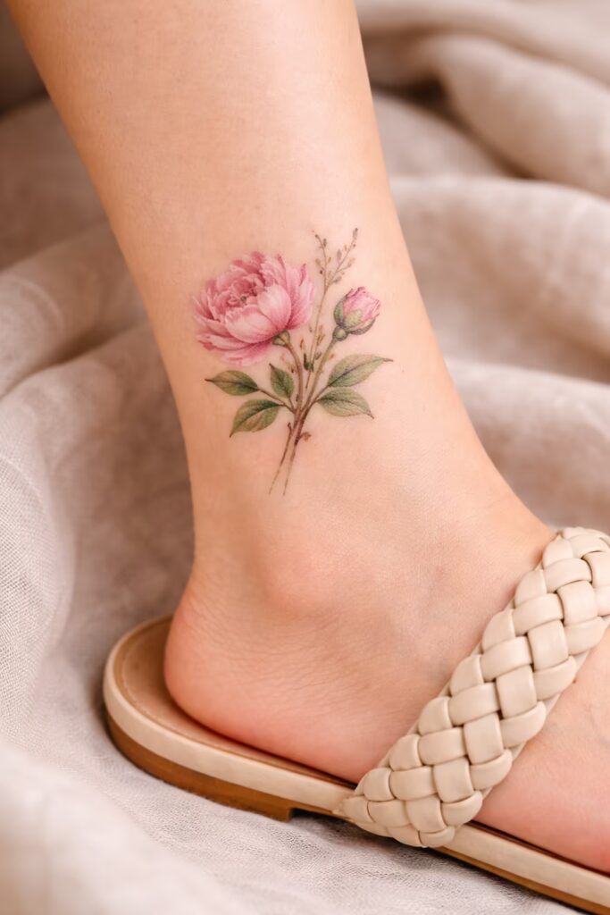 Soft Peony Ankle Tattoo
