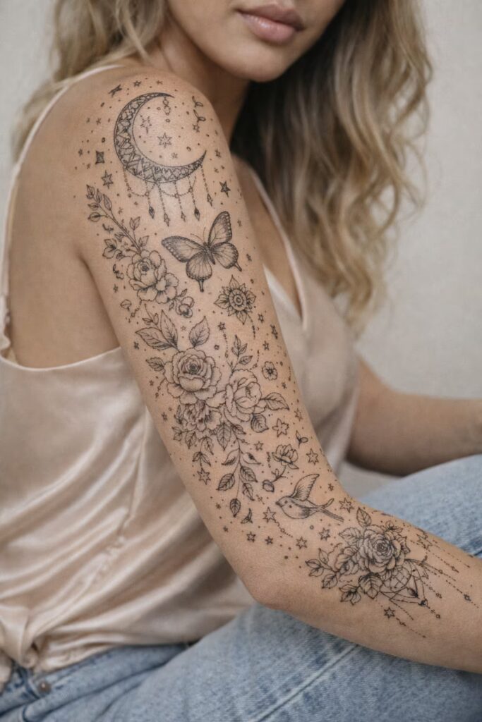 Celestial Blooms Full Arm Sleeve Tattoo For Women
