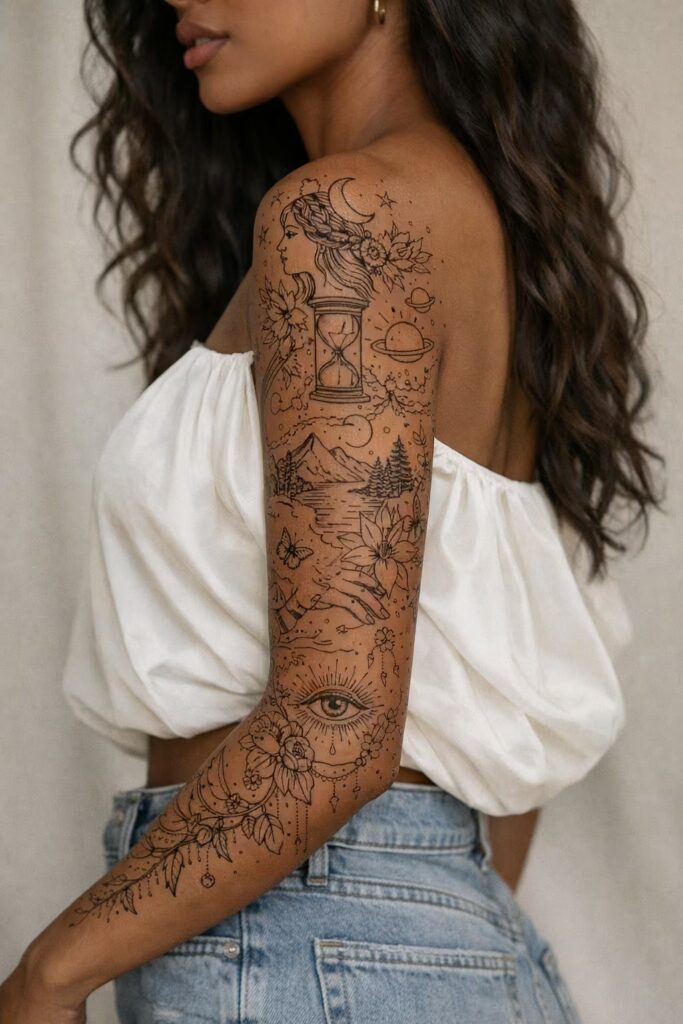 Celestial & Nature Harmony Sleeve Tattoo For Women