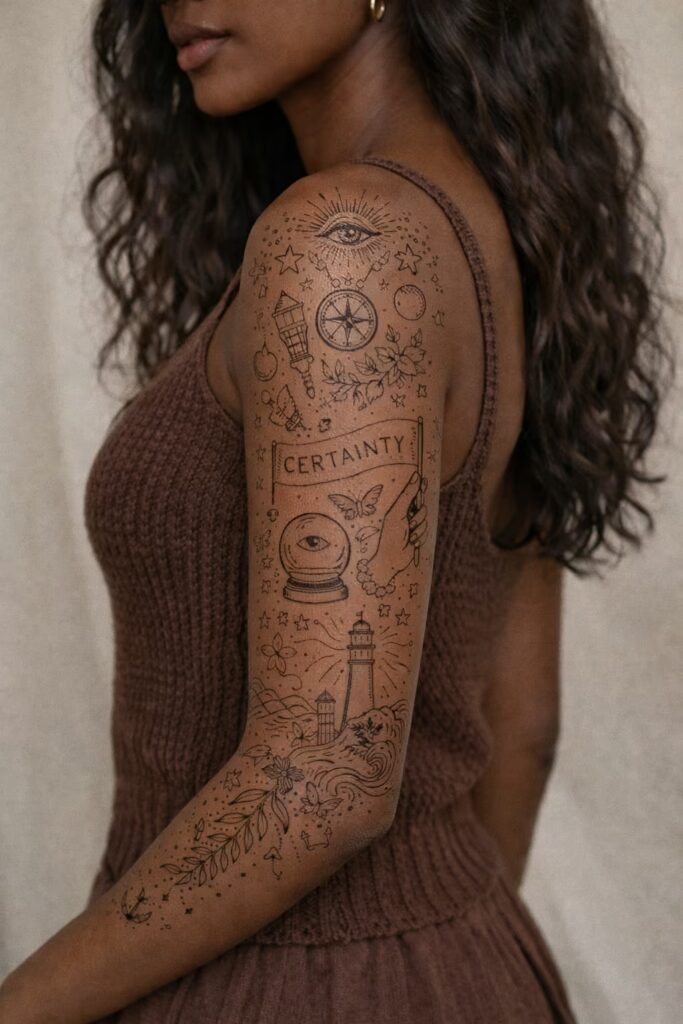 Certainty-Themed Full Arm Sleeve Tattoo For Women