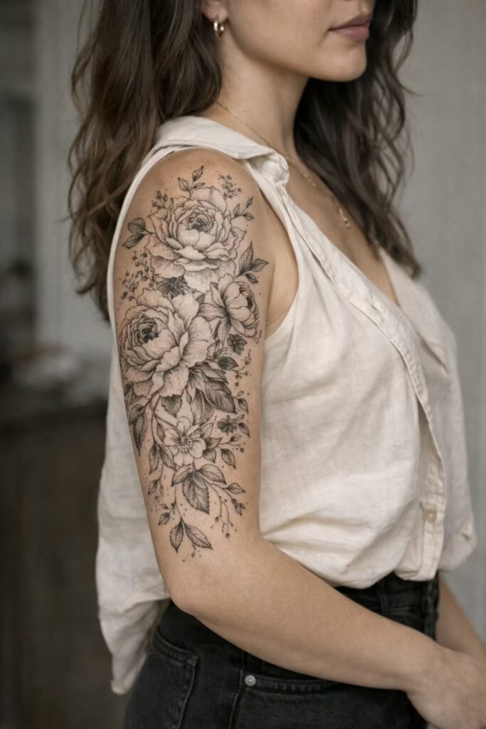Classic Black Floral Elegance Half Sleeve Tattoo