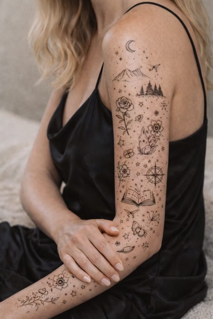 Classy European Fine Line Sleeve Tattoo For Women