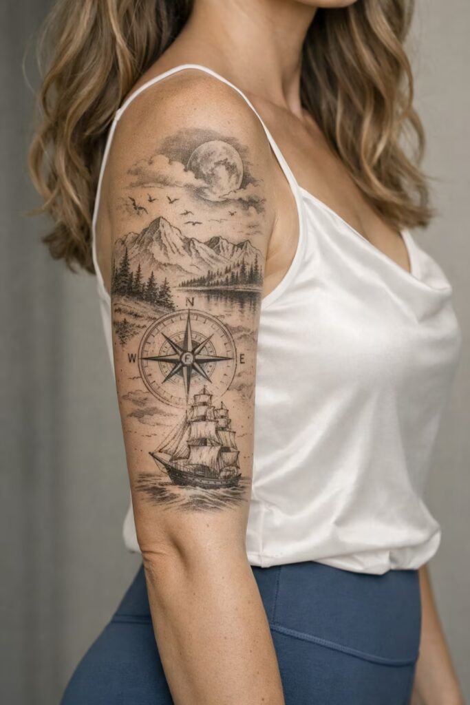 Compass Voyage Half Sleeve Tattoo