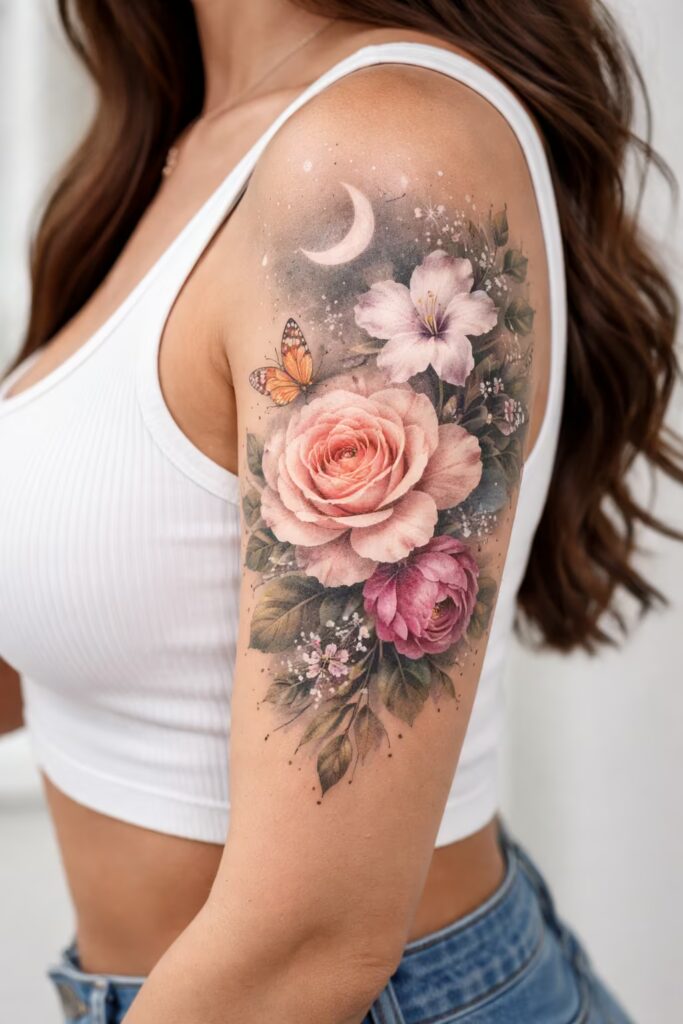 Cosmic Bloom Balance Half Sleeve Tattoo
