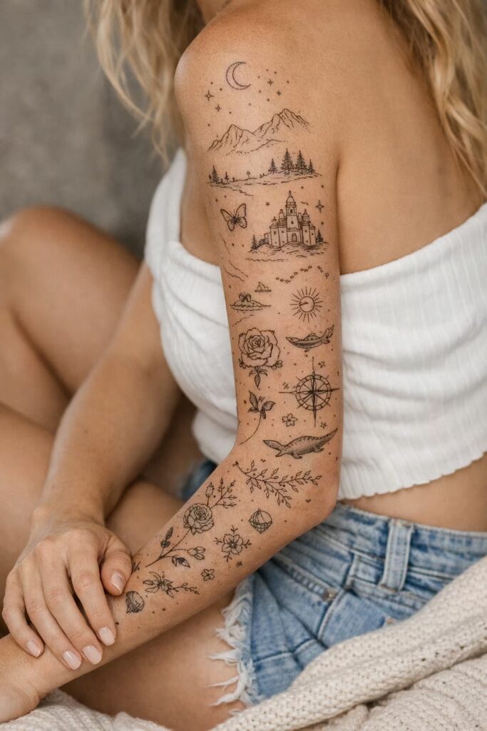 Creative Lunar & Mountain Full Arm Sleeve Tattoo For Women