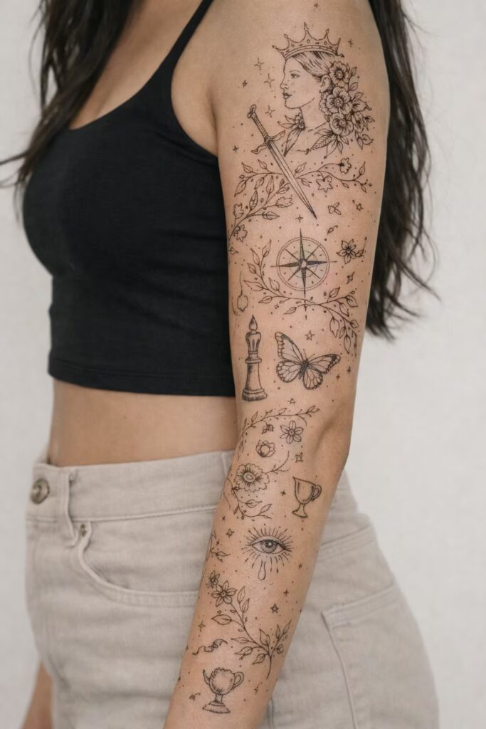 Cute & Unique Fine Line Full Arm Sleeve Tattoo For Women