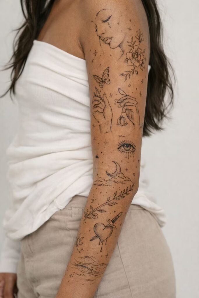 Emotional Fine Line Full Arm Sleeve Tattoo For Women