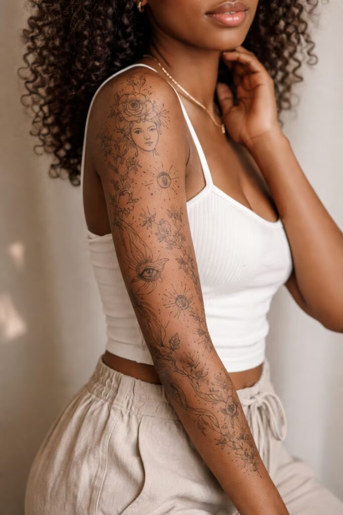 Floral & Celestial Full Sleeve Tattoo For Women