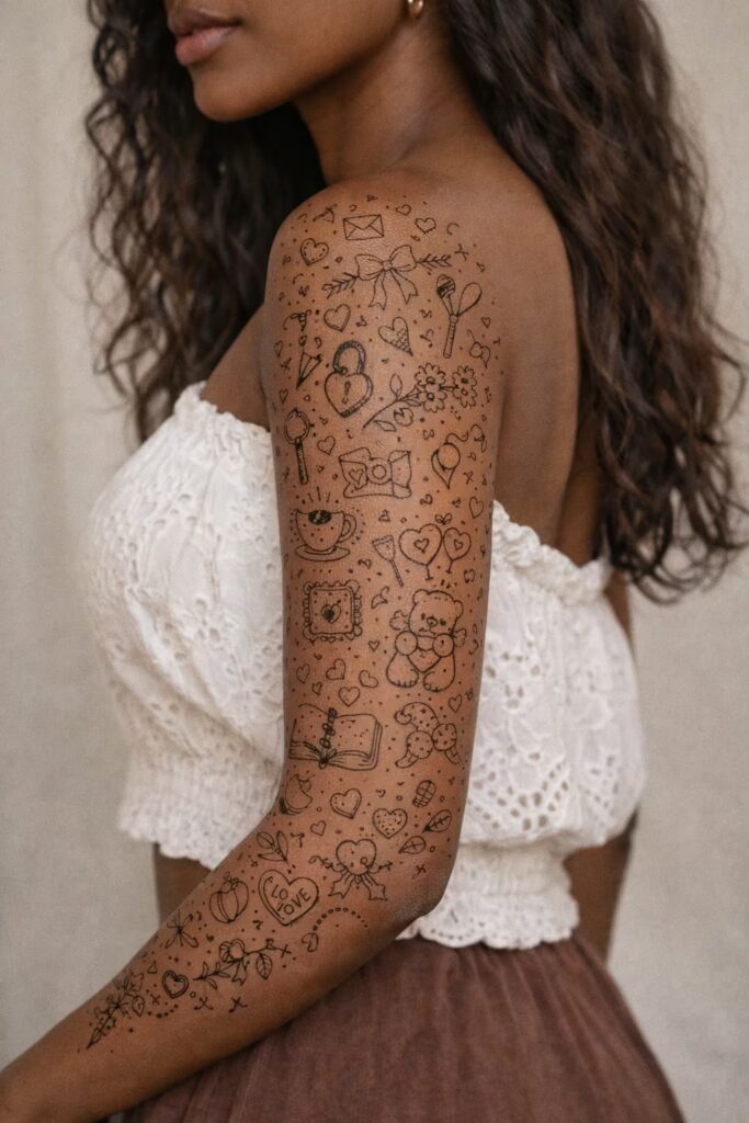 Girly & Love-Inspired Full Arm Sleeve Tattoo For Women