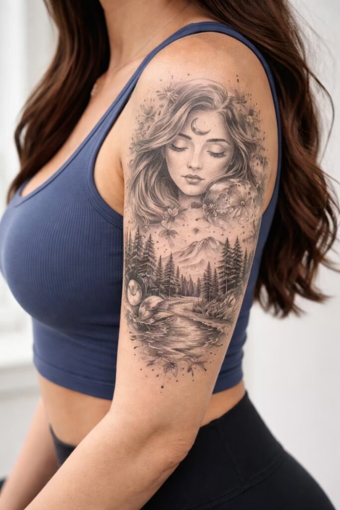 Inner World, Outer Calm Half Sleeve Tattoo