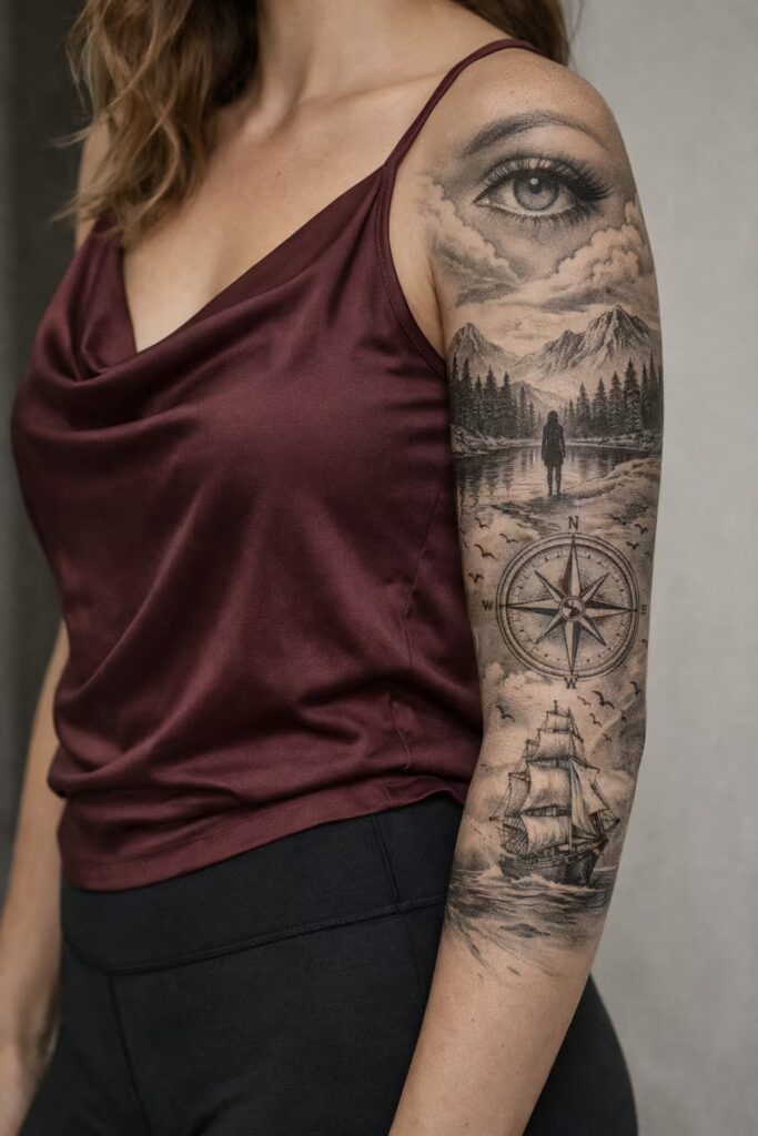 Journey of Self & Direction Half Sleeve Tattoo