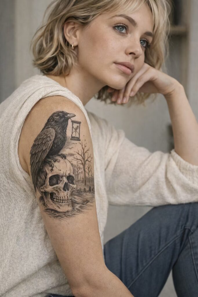 Raven & Hourglass Half Sleeve Tattoo