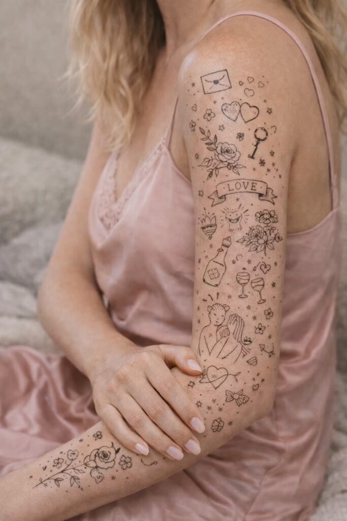 Romantic Love-Themed Full Arm Sleeve Tattoo For Women