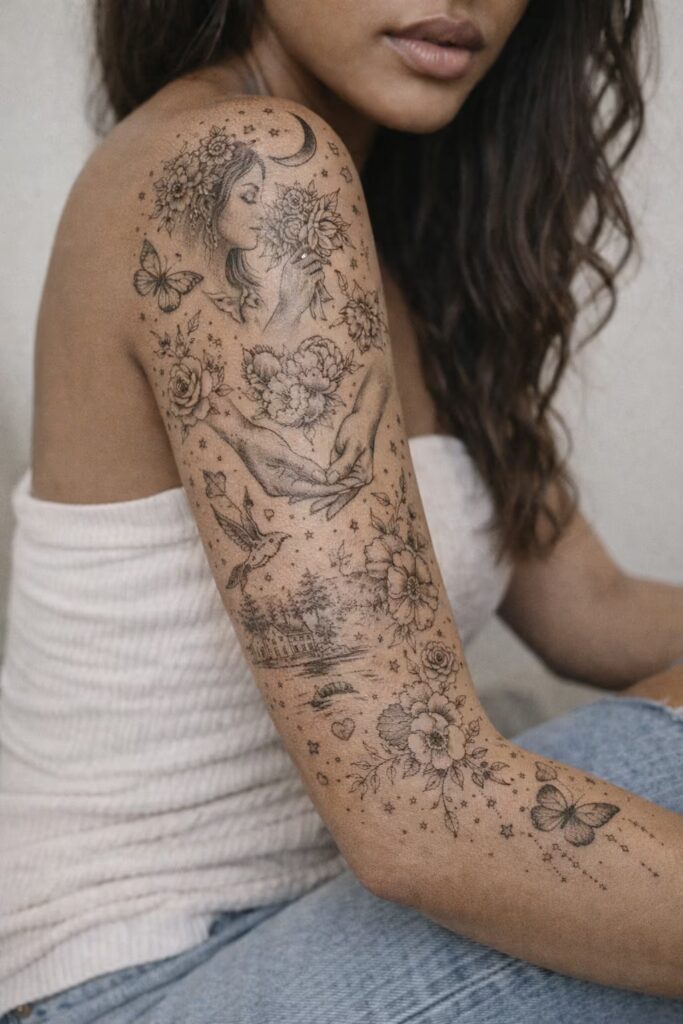 Romantic Serenity Full Arm Sleeve Tattoo