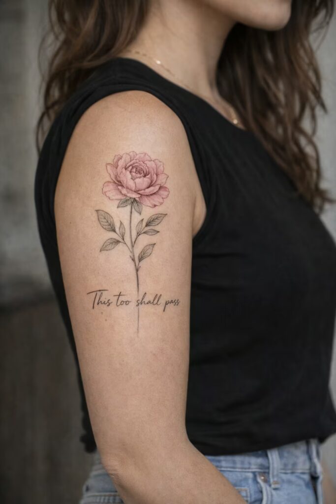 Single Bloom with Script Meaningful Half Sleeve Tattoos
