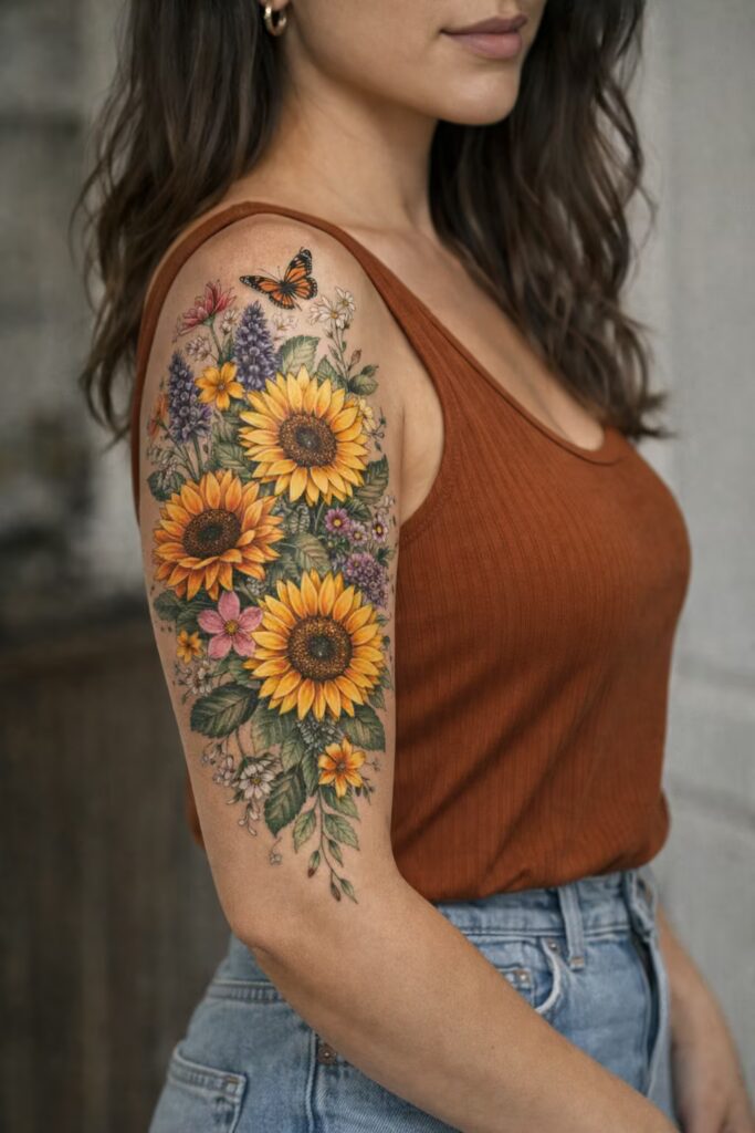 Sunflower Harmony Half Sleeve Tattoo