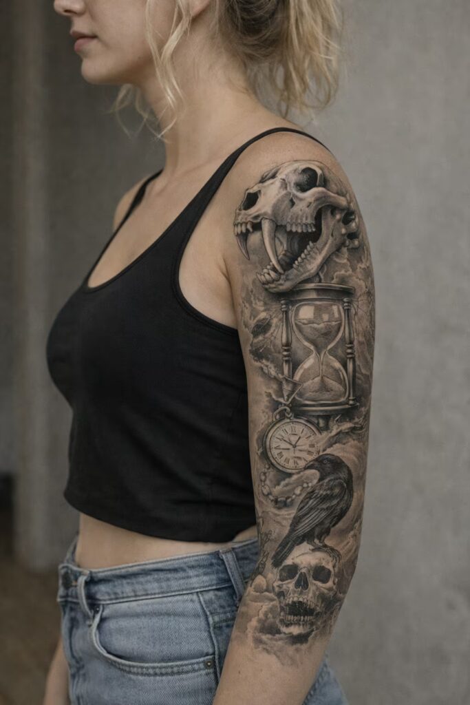 Time, Strength & Reflection Half Sleeve Tattoo