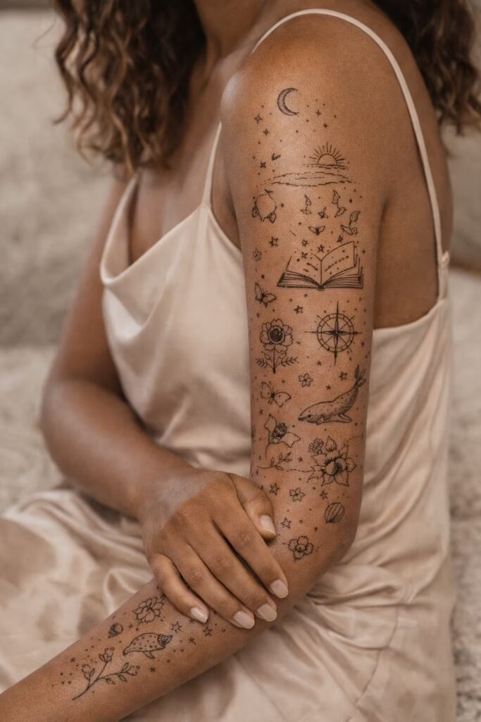 Whimsical Celestial Full Arm Sleeve Tattoo For Women