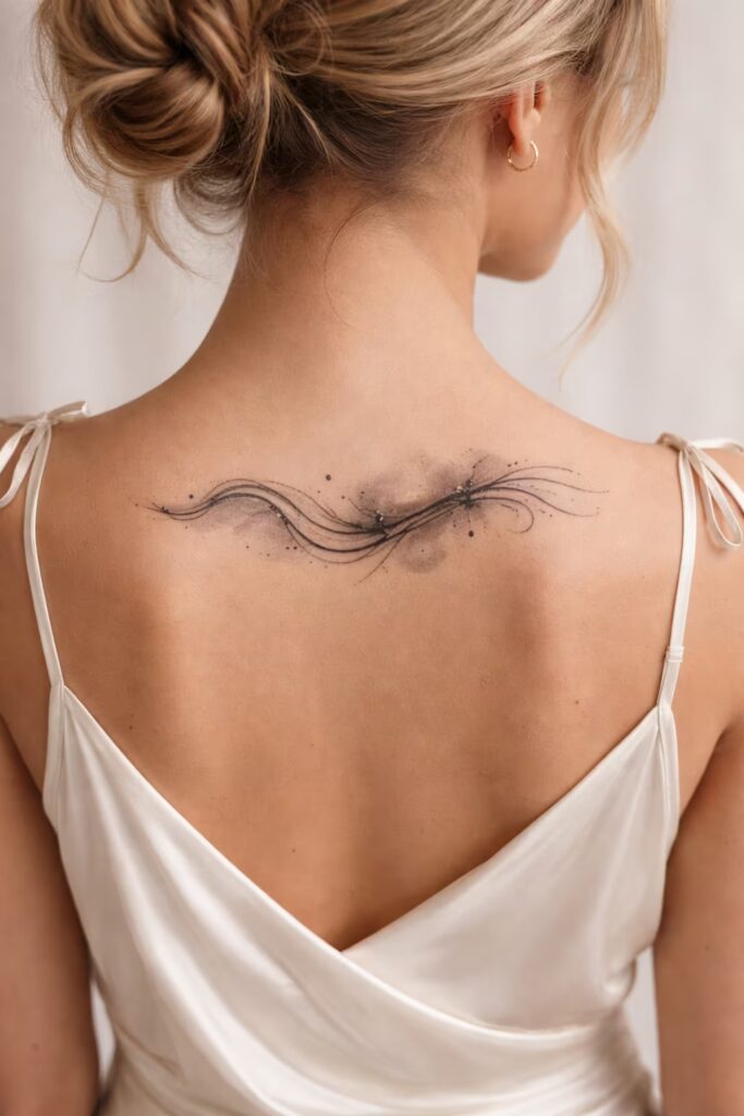 15. Abstract Water Flow Women Back Tattoo