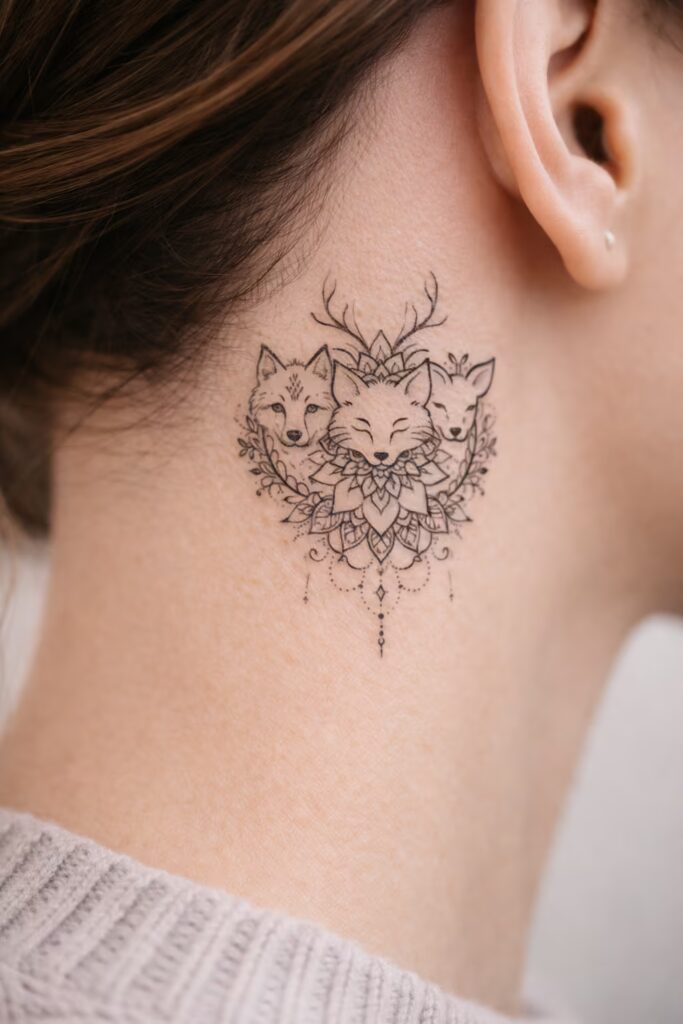 Animal Spirits & Floral Mandala Behind the Ear Tattoos