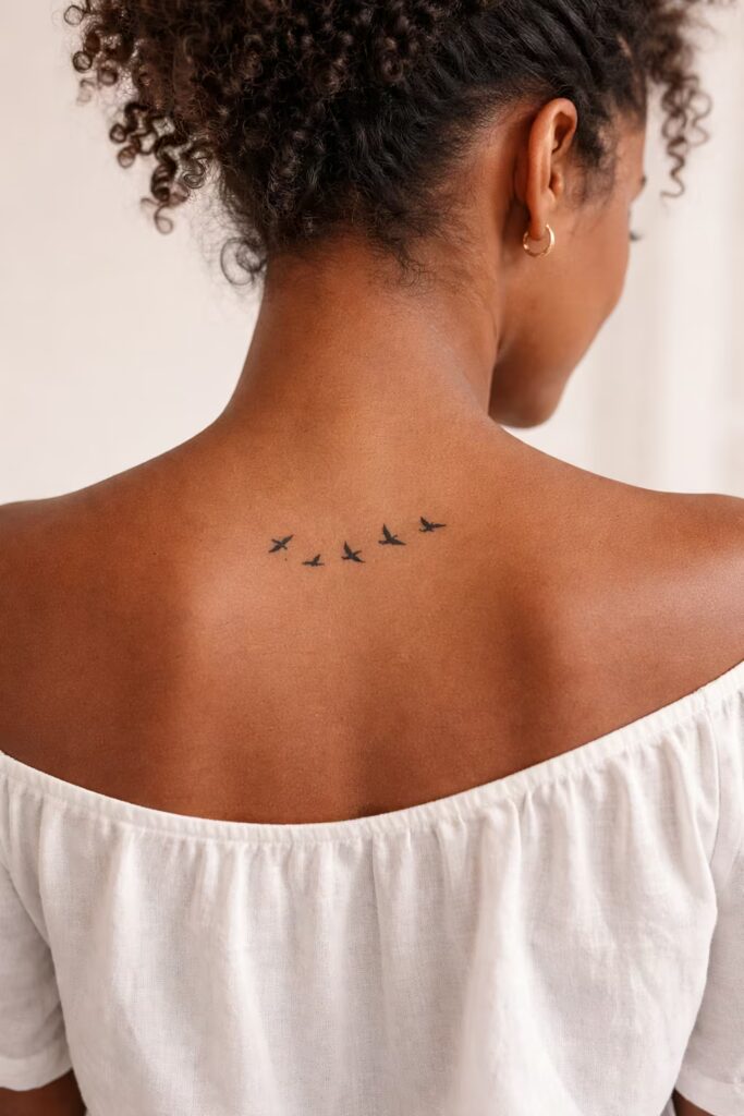 14. Birds in Flight Upper Back Tattoo
