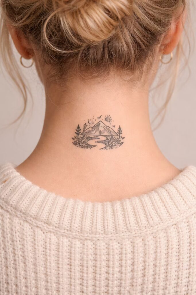 10. Botanical River Landscape Tattoo