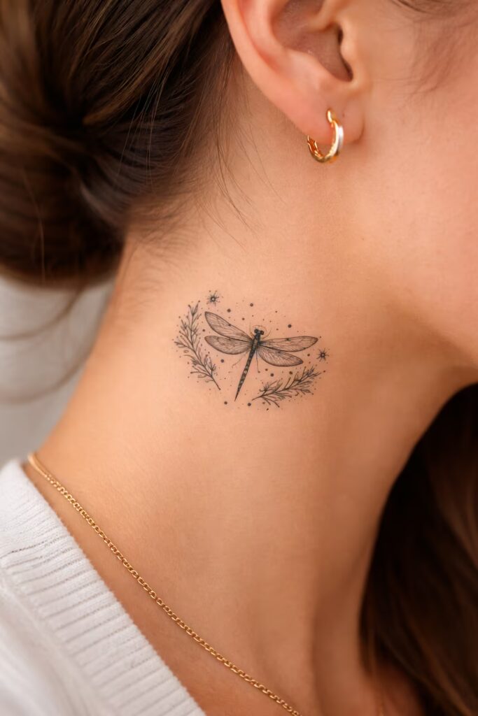 Cute Dragonfly Tattoos for Women with Wildflowers on Neck