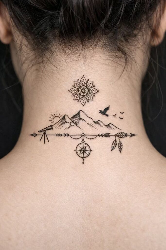 5. Freedom & Ambition Mandala Accent Neck Tattoo