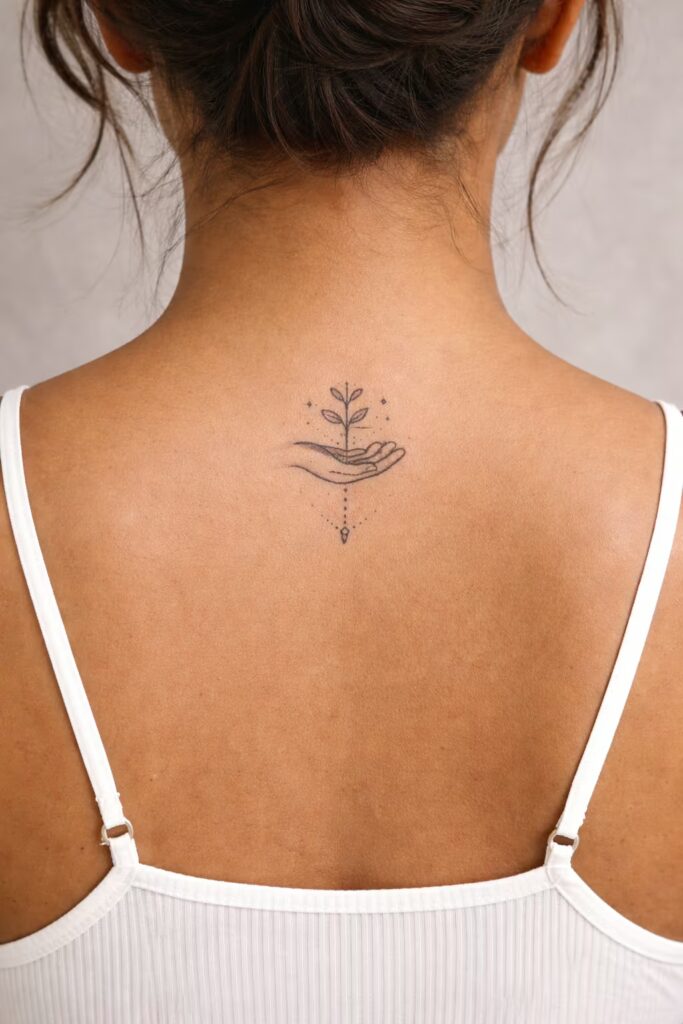 6. Hands & Sprout Dotwork Back Tattoo